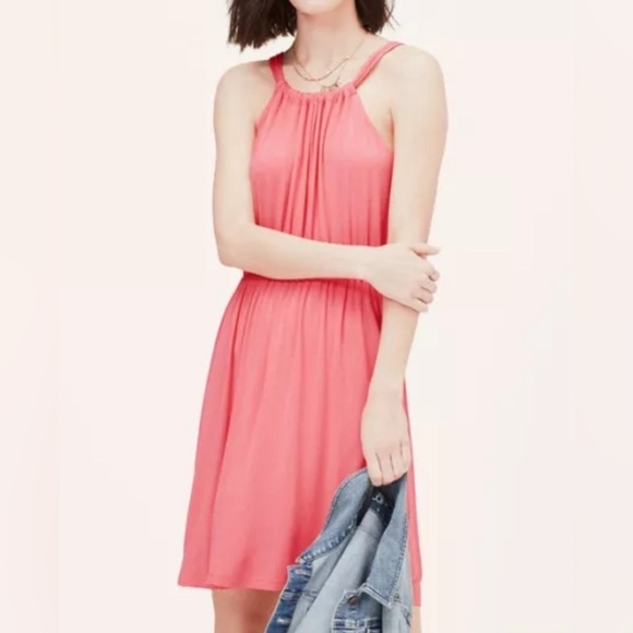 Ann Taylor LOFT Shirred Halter Sweet Summer Beach Dress- Pink Coral/ Size Small - Picture 1 of 6